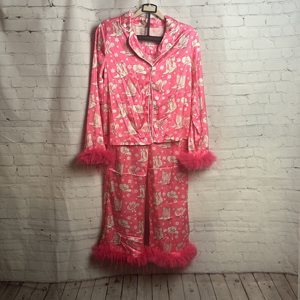 Cowgirl Silk Pajamas with Pink Fur Detail